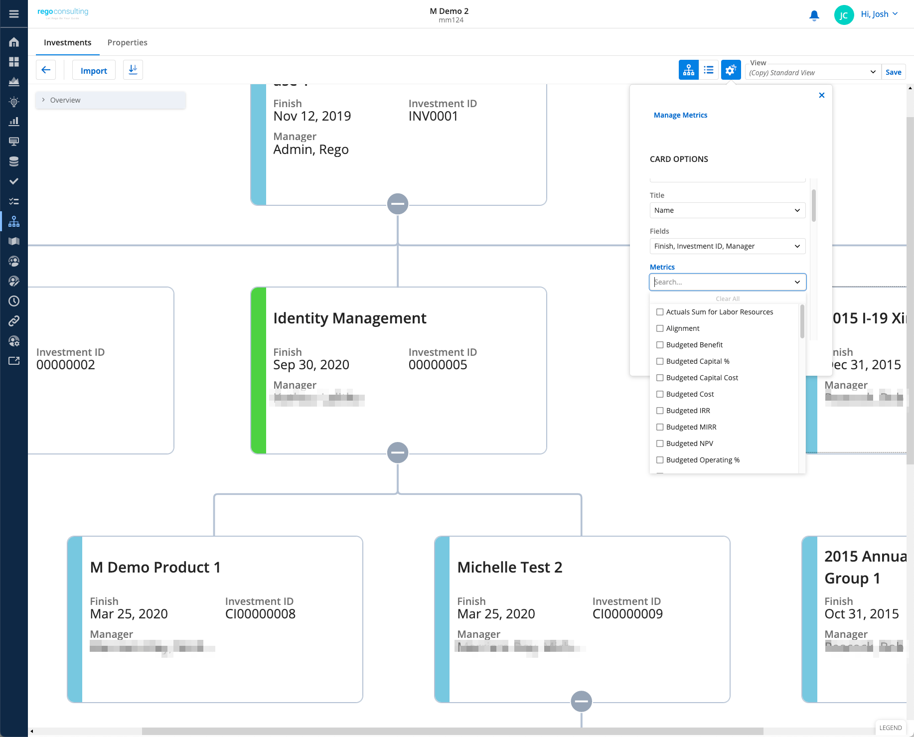 Hierarchy view with View Options pull-down and metrics Clarity 15.9.2: Hierarchy view with View Options pull-down and metrics