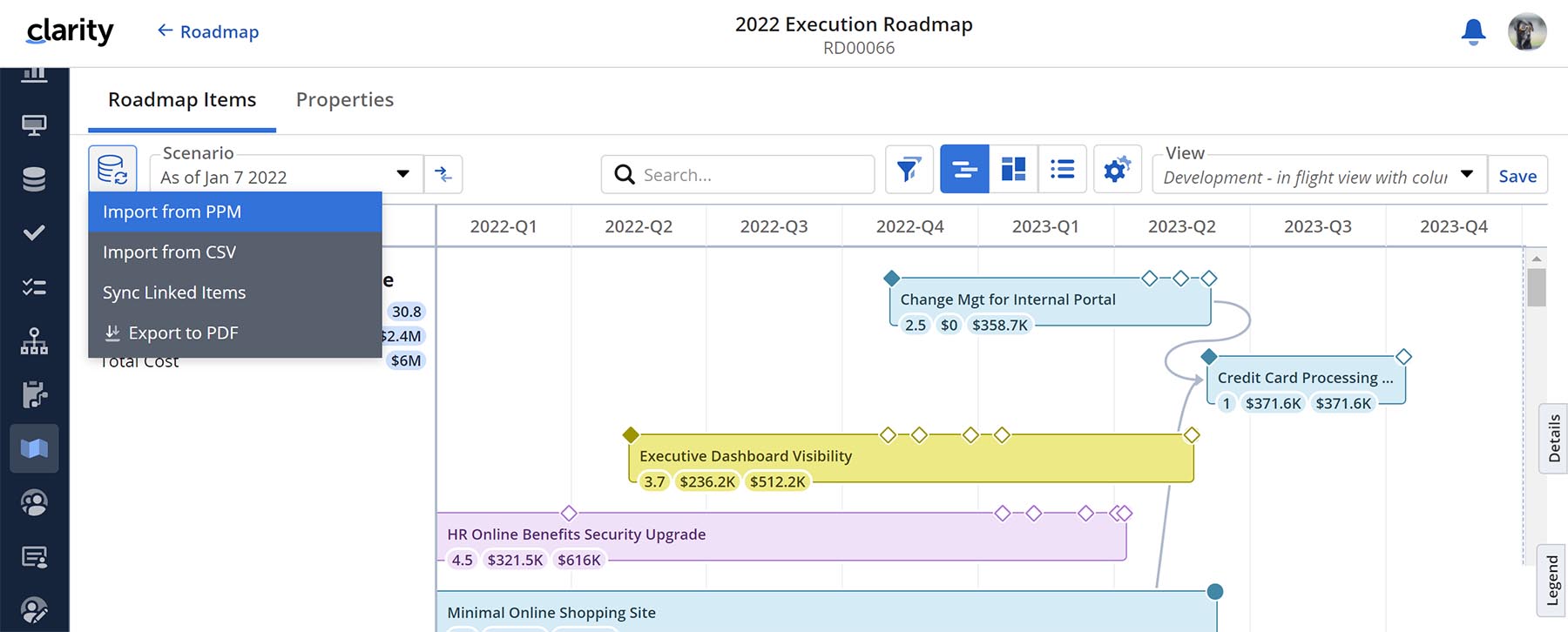 Export to PDF You can now export Roadmaps as a PDF file using Clarity PPM.