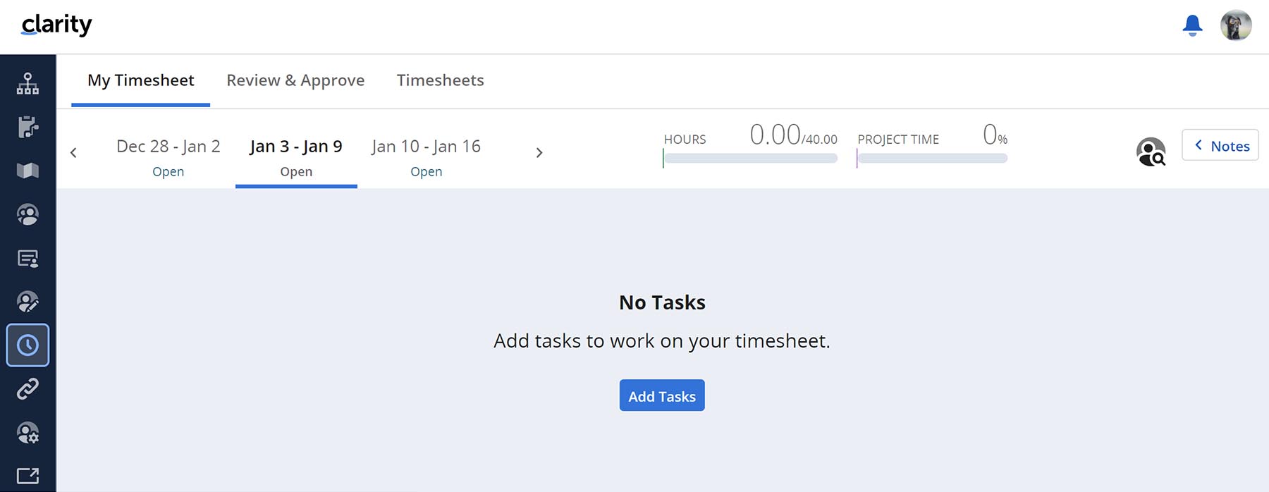 Timesheets Employees can now more easily manage tasks in the Clarity Timesheets module.