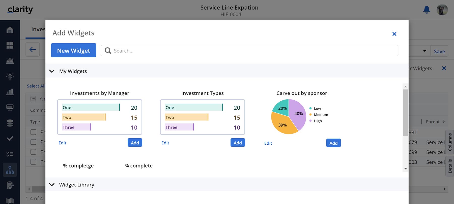 Widgets Users can create new widgets or access widgets from the Widget Library.