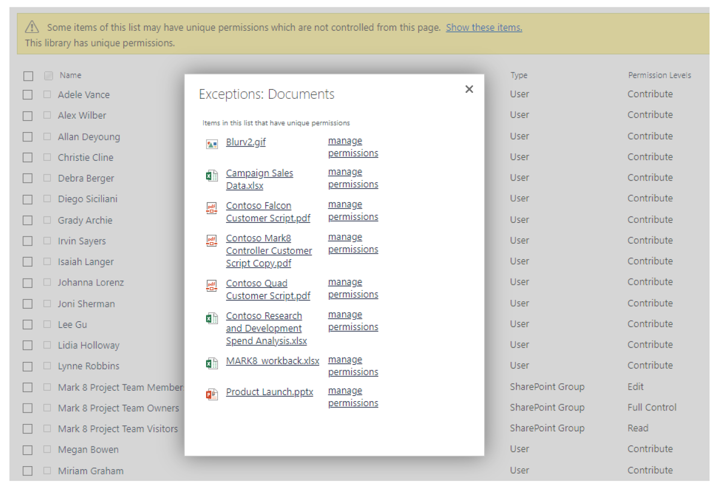 Exception Documents Image of computer screen showing SharePOint menu of many items, titled: Exceptions Documents.