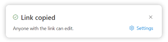Link Copied SharePoint pop up, reading: Link Copied. Anyone with Link can edit. Gear icon, and words: Settings