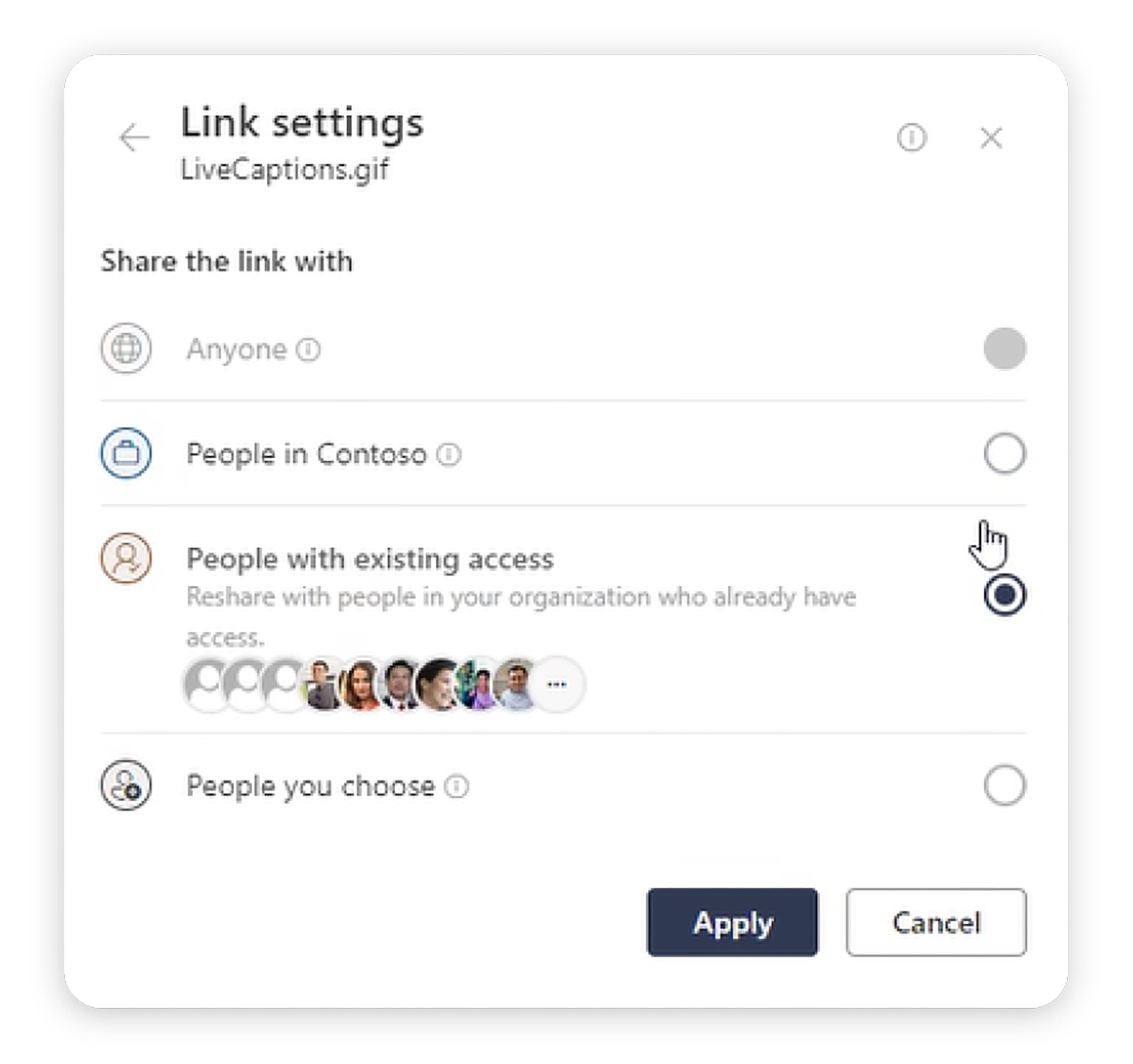 Sharelinks-2 Image of SharePoint pop up. Title is Link Settings. Four options include: Share link with 1) Anyone. 2) People in Organization - in this case, sample organization is Contosso. 3) People with existing access. 4) People you choose. Option #3, People with Existing Access is selected.