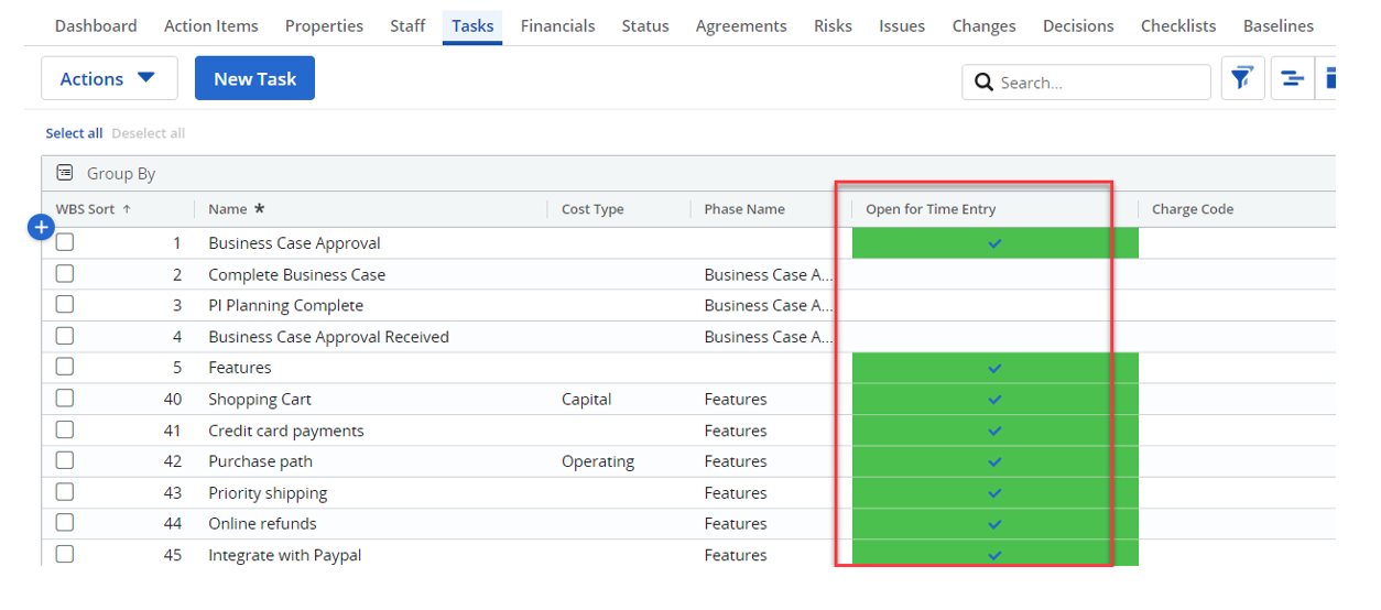 Clarity Article – Conditional Formatting-10 Screenshot example of several individual cells highlighted in green in Clarity PPM