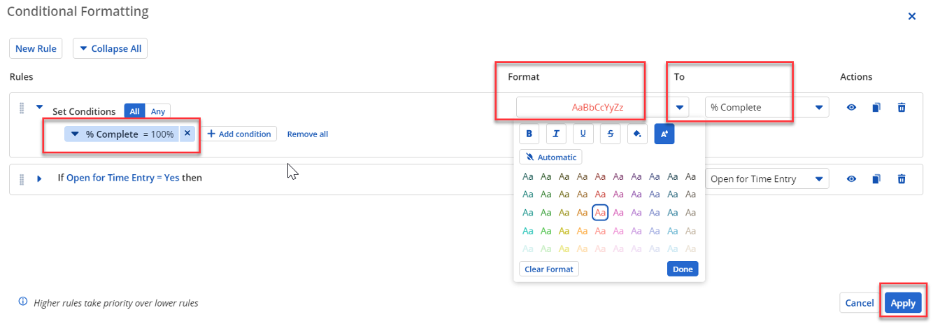 Clarity Article – Conditional Formatting-14 Screenshot of percentage complete highlighted with Conditional Formatting features in Clarity