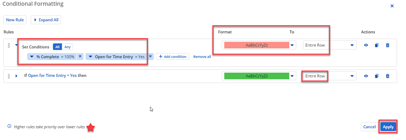 Clarity Article – Conditional Formatting-16 Screenshot of Clarity where multiple values and colors are selected.
