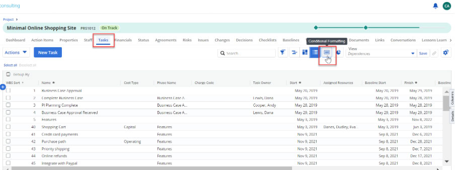 Clarity Conditional Formatting- 2 Task Tab Clarity PPM