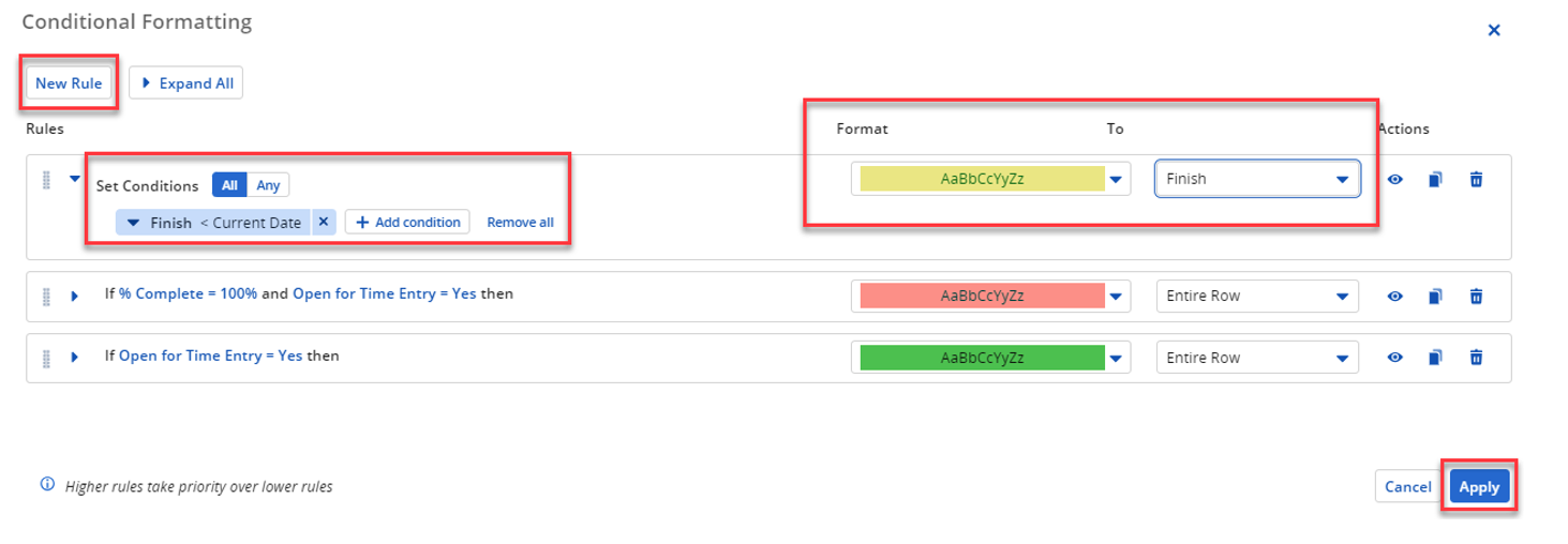 Clarity Article – Conditional Formatting-20 Screenshot showing how to set conditions in the Clarity conditional formatting feature