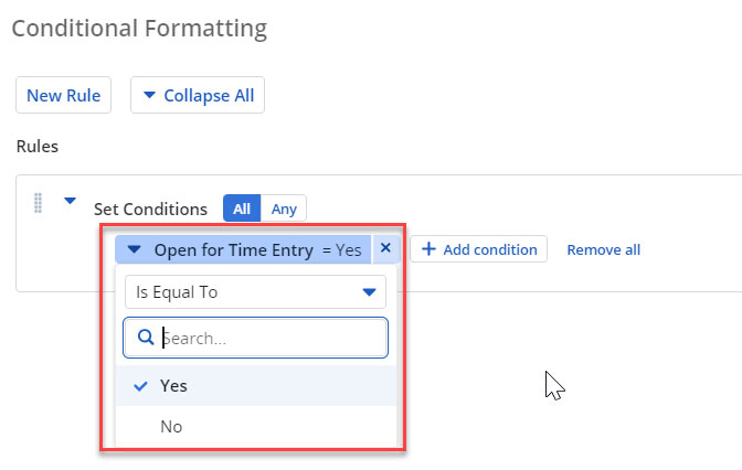 Clarity Article – Conditional Formatting-4 Screenshot of the Conditional Formatting for Time Entries in Clarity PPM