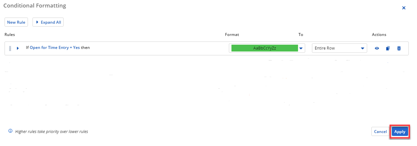 Clarity Article – Conditional Formatting-7 screenshot of 'apply' button for conditional formatting in Clarity PPM