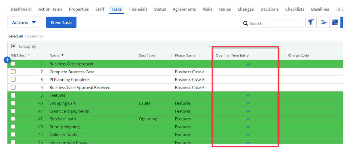 Clarity Article – Conditional Formatting-8 Screenshot of example of green conditional formatting being used in Clarity PPM.