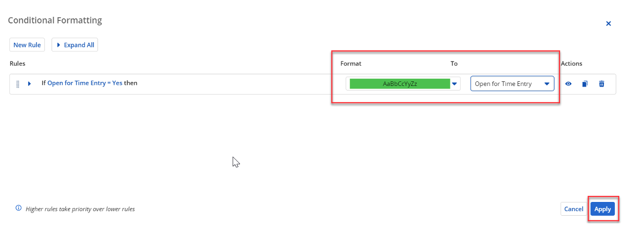 Clarity Article – Conditional Formatting-9 Screenshot highlighting an individual cell in green within Clarity PPM