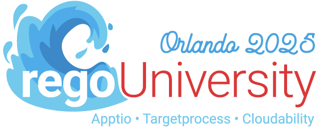 RegoU-Logo-Large_Large-Color Rego University, Orlando 2025. Apptio • Targetprocess • Cloudability. The icon on the left is a splashy blue wave.