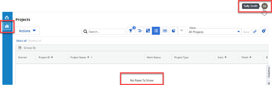 Image 10 Screenshot from Clarity 16.3.0 showing the Projects grid with the Projects module icon highlighted in the left navigation panel. The user “Sally Smith” is logged in, as shown in the upper right corner. The main grid displays the message “No Rows To Show,” indicating the user has no visible project access.