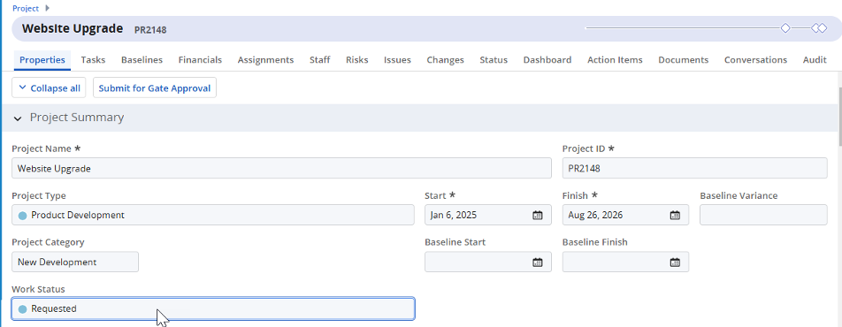 Image 13 Screenshot from Clarity 16.3.0 showing the “Properties” tab of the “Website Upgrade” project. The fields display details such as Project Name, Project ID, Project Type, Project Category, Start and Finish dates, and Work Status, which is set to “Requested.” A cursor hovers over the Work Status field, indicating it is view-only. This aligns with the Finance Partner role’s read-only permissions set in the blueprint.
