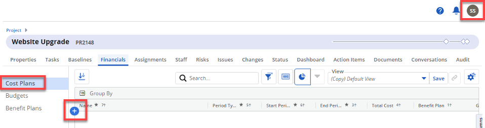Image 14 Screenshot from Clarity 16.3.0 showing the “Financials” tab selected for the “Website Upgrade” project while logged in as user “SS” (Sally Smith). The left navigation highlights “Cost Plans,” and a blue plus sign button is visible, indicating that Sally has permission to create a new cost plan.