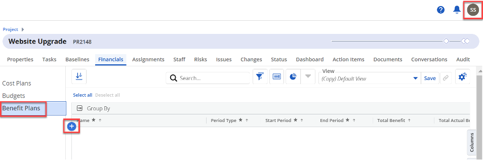 Image 16 Screenshot from Clarity 16.3.0 showing the “Financials” tab of the “Website Upgrade” project. The “Benefit Plans” section is selected in the left panel, and the plus icon is highlighted, indicating that user Sally Smith (shown in the upper-right corner) has permission to create new benefit plans.