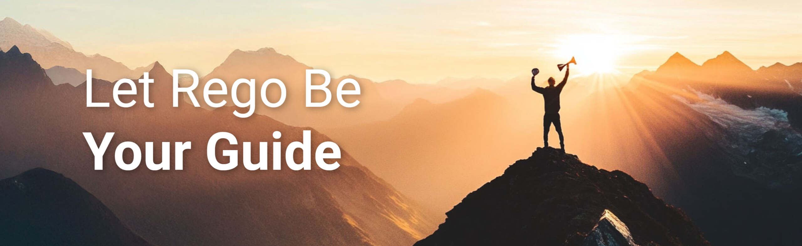 Image of person on peak of mountain, with the words, Let Rego Be Your Guide
