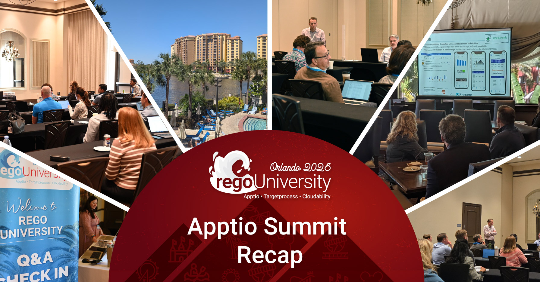 Collage image featuring sessions and networking at the RegoUniversity Orlando 2025 event, including a central banner reading "Orlando 2025 regoUniversity Apptio Summit Recap" with the RegoUniversity logo. Surrounding images show attendees in conference rooms, people engaging in discussions, a display screen with data dashboards, a welcome banner for RegoUniversity Q&A check-in, and an outdoor view of the resort venue with palm trees and a pool.