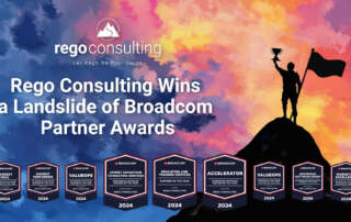 Rego Consulting Wins a Landslide of Broadcom Partner Awards – A colorful graphic features a silhouette of a person holding a trophy on a mountaintop, with a flag planted beside them against a vibrant sky of pink, purple, orange, and blue. The Rego Consulting logo appears at the top, along with the text "Let Rego Be Your Guide" and "Rego Consulting Wins a Landslide of Broadcom Partner Awards." Along the bottom, nine 0award badges from Broadcom are displayed, each labeled with a 2024 award title, including Largest Deal, Highest Performing Partner, ValueOps North America, Expert Advanced Consulting Services, Education and Training Services, Accelerator, Enterprise Software Knight, and Marketing Excellence.