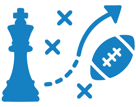 Blue icon with a chess piece and football strategy symbols, including a football and directional arrow, indicating strategy