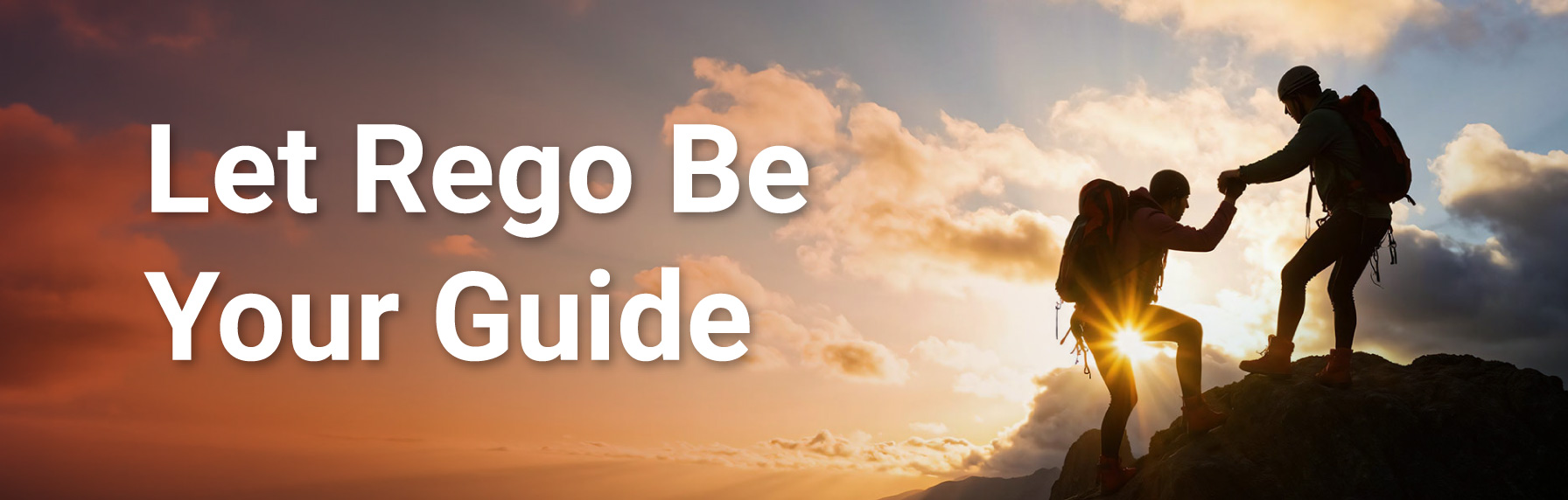 Tales of Horror Footer Rego Consulting brand image with text “Let Rego Be Your Guide” and climbers helping each other up a mountain.