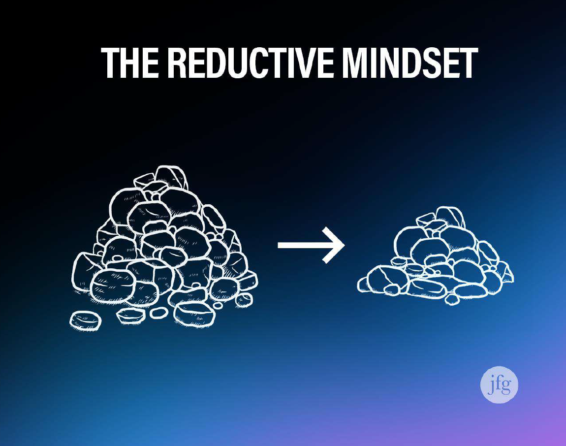 The reductive mindset showing a large rock pile reduced to a smaller one, proprietary image from Juliet Funt Group.