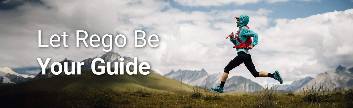 Footer Rego Consulting message “Let Rego Be Your Guide” alongside a runner moving through a mountain landscape.