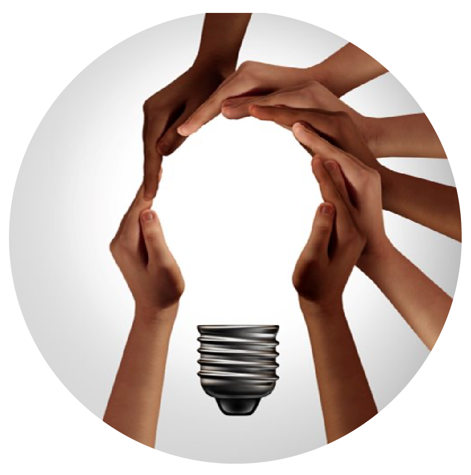Building Creative Habits in the Workplace Diverse hands forming a light bulb shape above the base, symbolizing teamwork and shared ideas.