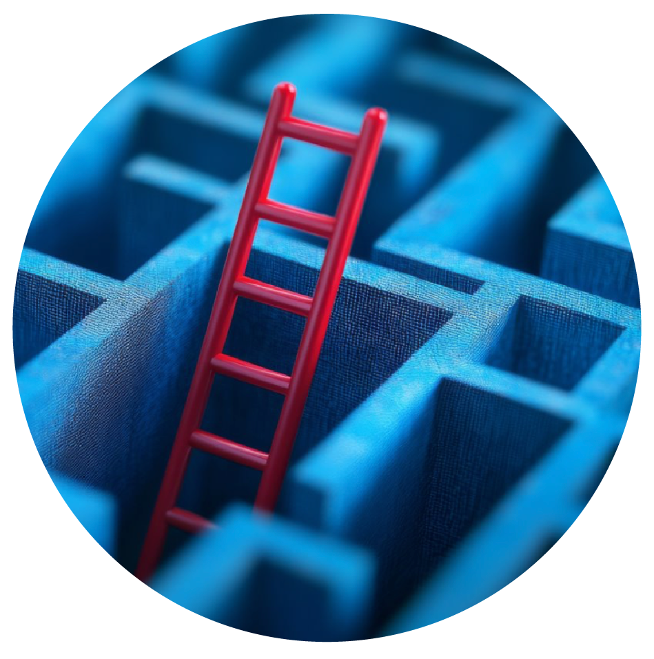 Creativity Solves Complex Problems Red ladder leaning inside a blue maze, symbolizing finding a way out or overcoming obstacles.