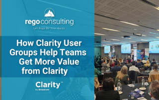How Clarity user groups help teams increase value from Clarity, shown over a conference audience and presentation setting